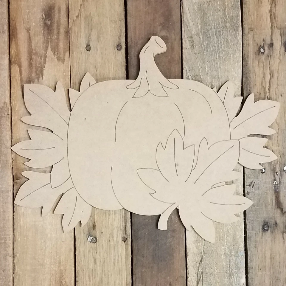 Pumpkin in Fall Leaves, Unfinished Wood Cutout, Engraved Wall D�cor, DIY Craft - Image 1 of 1