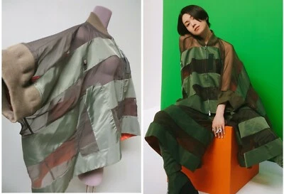 Sacai Army Green Orange Grosgrain Trapeze Bomber Jacket 3 Sheer Paneled Chiffon - Image 1 of 4