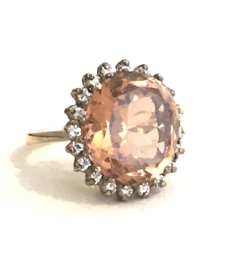 RARO ANILLO TOPACIO IMPERIAL ORO 14K quilates + 20 diamantes talla 8 declaración Lg redondo Foto 1 de 4