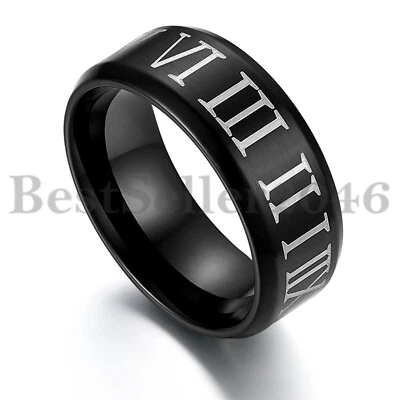 8MM Men Women Black Stainless Steel  Roman Numerals Band Biker Ring Size 7-14 - Image 1 of 4