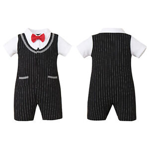 Baby Boy Tuxedos Suit Outfit Short Sleeve One-Piece Romper Jumpsuit with Bow Tie