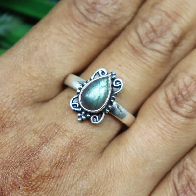 Natural Lebradorite Ring, 925 Silver Ring, Pear Gemstone Ring, Blue Stone Ring** - Image 1 of 3