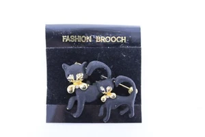 Black Cats Pin with Gold-tone Trim & Crystal Embellishments Vintage - Picture 1 of 3
