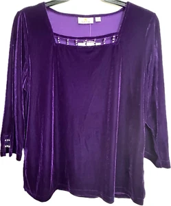 Purple Velour Blouse Sz L Square Neck 3/4 Sleeve Rhinestones Quacker Factory Top - Picture 1 of 6