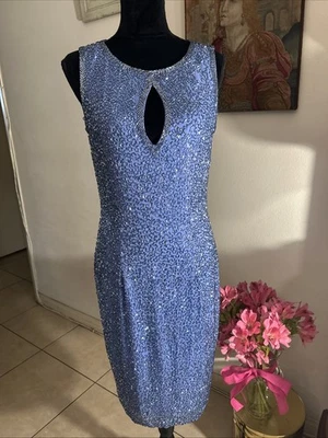 De colección ~ Corbata Negra de Oleg Cassini ~ Azul aciano ~ Vestido de Noche ~ Adornado ~ Ojo de Cerradura ~ Talla 8 Foto 1 de 4