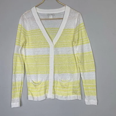 Garnet Hill Sz Medium 100% Linen Yellow Striped Lightweight Cardigan Sweater - Image 1 of 4