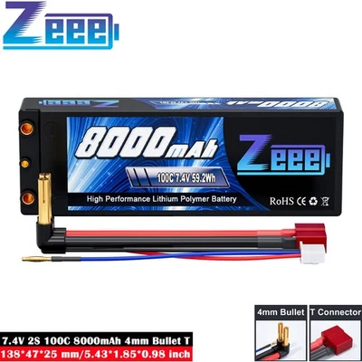 Zeee 7,4V 2S 8000mAh Lipo Akku 100C 4mm Bullet to T Stecker für RC Auto Truck - Bild 1 von 4