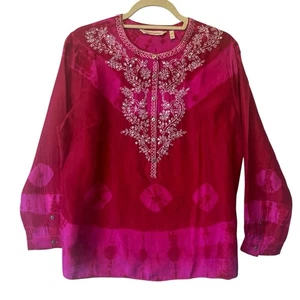 Soft Surroundings 100% Silk blouse Petite Large PL Pink Red Beaded Womens top - Picture 1 of 8