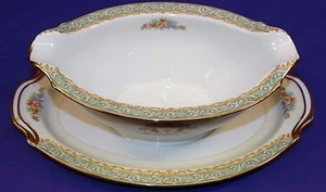 BEAUTIFUL NORITAKE CHINA GRAVY BOAT W/ UNDERPLATE N71 GREEN PANELS M MARK ca1933 - Picture 1 of 7