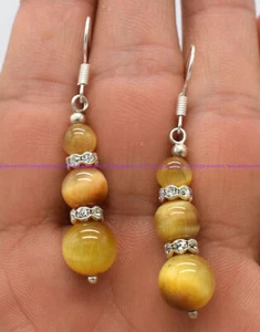 Natural 8-10-12mm Gold Tiger's Eye Gems Round Beads Silver Hook Dangel Earring - Picture 1 of 12