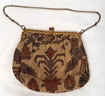 Cartera pequeña vintage de 1920 con espejo estilo azteca tela marco latón cadena llevar Foto 1 de 4