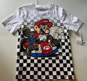 Kids Mario Kart Boys Shirt White Checkered Mario Graphic Short Sleeve Size Large - Picture 1 of 6