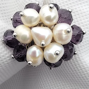 Freshwater White Pearl, Faceted Purple Glass Ring (Adj Sz 7) in Silvertone 10cts - Picture 1 of 8