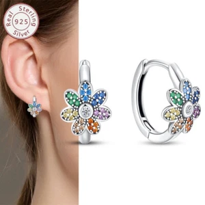 KUNSIR 925 Sterling Silver Tiny Flower Huggie Hoop Earrings For Women Gift Party - Picture 1 of 6
