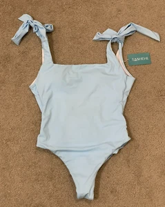 Traje de baño Tashehe de una pieza para mujer talla pequeña azul claro correa de lazo espalda descarada - Imagen 1 de 14