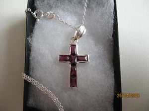 925 new 18" Sterling Silver Cross chain Amthyst coloured stones religious - Picture 1 of 6