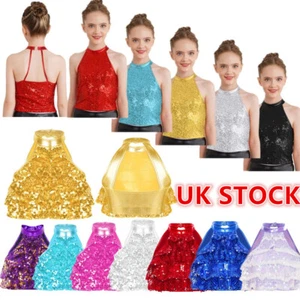 Girl's Shiny Sequin Sleeveless Backless Crop Tops Modern Jazz Hip Hop Dance - Picture 1 of 140