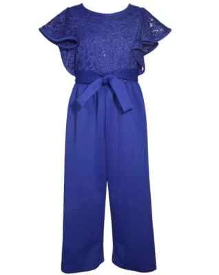NWT Bonnie Jean Girls Size 8 Blue Illusion Sleeve Sequin Lace Jumpsuit - Image 1 of 3
