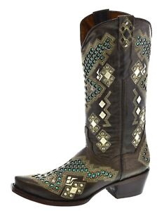 Womens Cowboy Boots Brown Leather Turquoise Inlay Embroidered Rhinestones