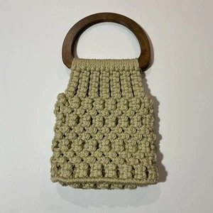 Makramee/Häkel Handtasche natur creme gefüttert Holzgriff Vintage - Bild 1 von 8