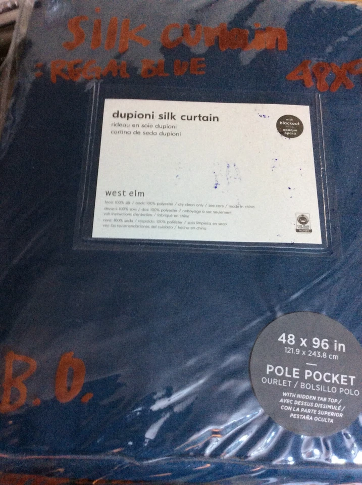West Elm Dupioni Silk Curtain 48x96 Regal Blue Blackout NWT - Image 1 of 1