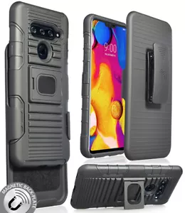 Black Magnet Grip Case Rugged Cover Stand + Belt Clip Holster for LG V40 ThinQ - Picture 1 of 10