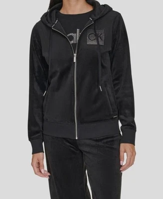 Calvin Klein Women's Black Velour Metallic Logo Full Zip Hoodie Sweater Size L - Image 1 of 2
