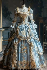 Blue Victoria Prom Dress Luxurious Square Neck Lace Satin Embroidered Long Dress - Picture 1 of 10