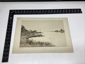 22 ART PAPER ETCHING PHOTO PRINT BAYSHORE BIRDS TREES LANDSCAPE HOME WATER BOAT - Picture 1 of 17