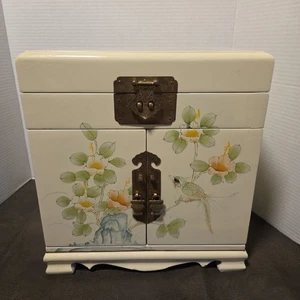 Scatola portagioie vintage giapponese antica lacca panna uccellini e alberi da fiore, ottone - Foto 1 di 11
