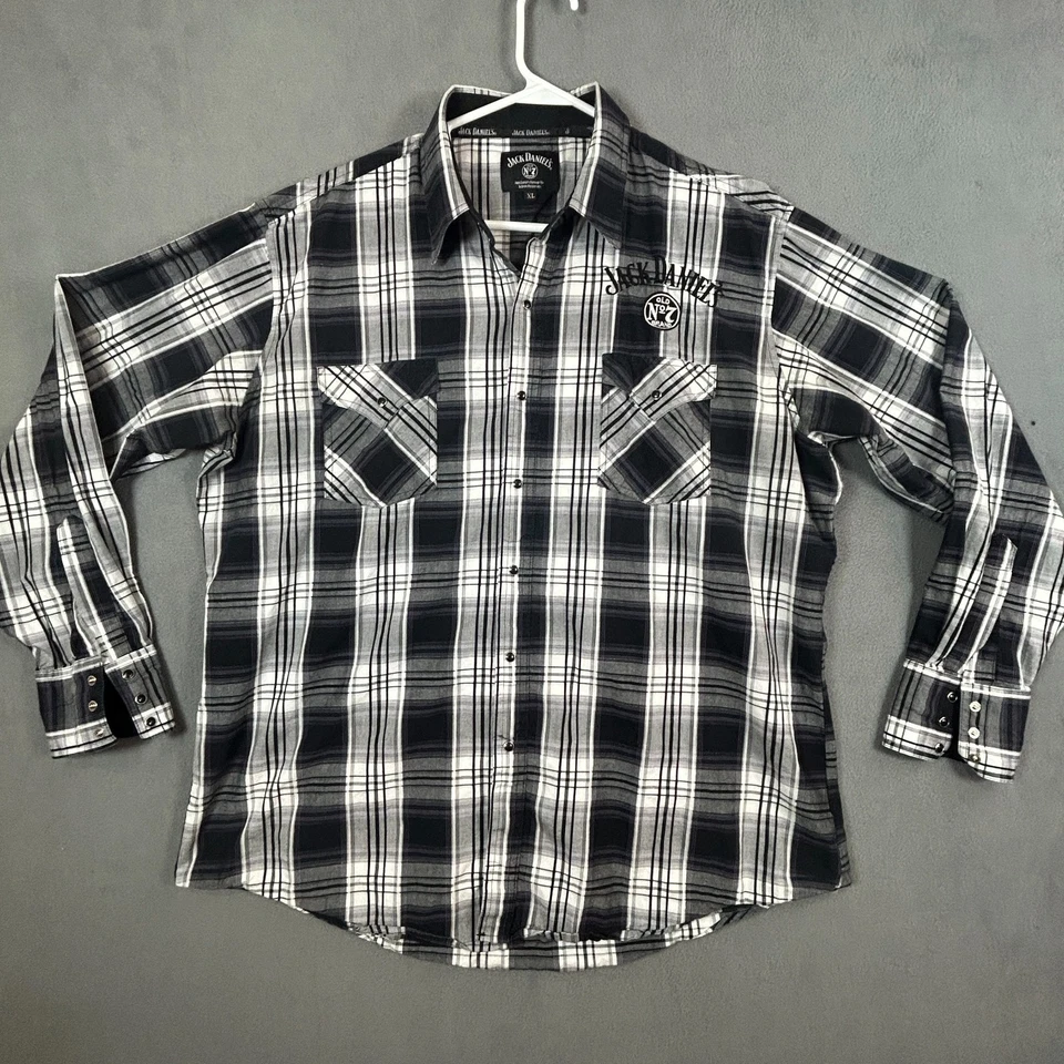 Camisa Jack Daniels Para Hombres XL Negra A Cuadros Perla A Presión Manga Larga Camisa Bordada Foto 1 de 4