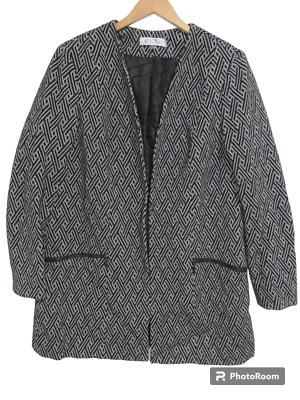 Sz L Kasper Knit Chevron Cardigan Open Front Long Jacket Black White Lined EUC - Image 1 of 4