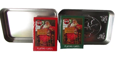 Coca Cola Playing Cards Santa Workshop Tin Double Deck 1998 Sealed Cards - Image 1 of 4