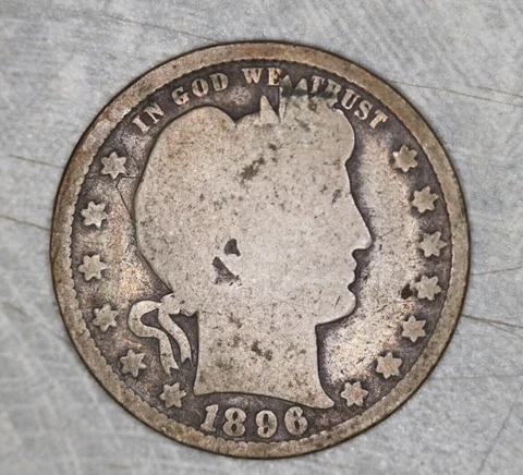 1896 P Barber Head Quarter, G Good , 25c Liberty Head Cover