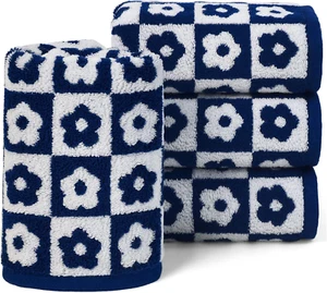Asciugamani Jacquotha per bagno blu navy e bianco - floreale a scacchi - Foto 1 di 12