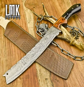 LMK Hand Forged Machete Bowie Knife Ladder Damascus Bull Horn Outdoor - Picture 1 of 9