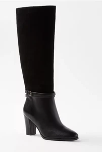NEW ANN TAYLOR BLACK LEATHER & SUEDE PULL ON KNEE HIGH TALL BOOTS SZ 10 - Picture 1 of 6