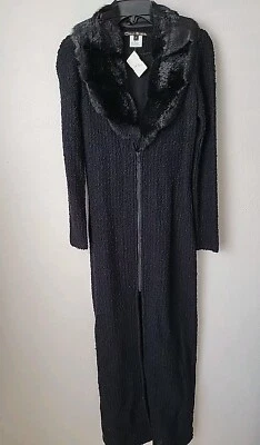 Vintage Dina Barel Sweater Dress Size P Black Maxi Faux Fur Collar Black Zip Up - Image 1 of 4