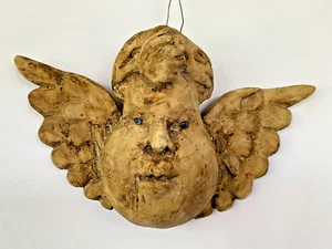 VTG GUERRERO CARVED WOOD ANGEL CHERUB HEAD GLASS EYES MEXICAN Cacheton FOLK ART - Picture 1 of 8