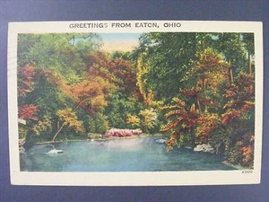 Greetings From Eaton Ohio OH River Scene Vintage Linen Postcard 1945 - Picture 1 of 2