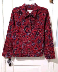 Appleseeds Button Denim Jean Jacket Petite PM Medium Red Blue Floral Pockets - Picture 1 of 12