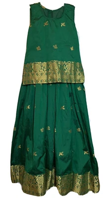 Christmas Asian Dress & Top Youth Large Green&Gold Brocade Trim Costume Kaftan - Image 1 of 4