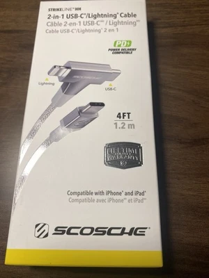 Scosche 2-in-1 USB-C/iPhone Cable 4FT 1.2 M White Sealed In Box New - Image 1 of 4