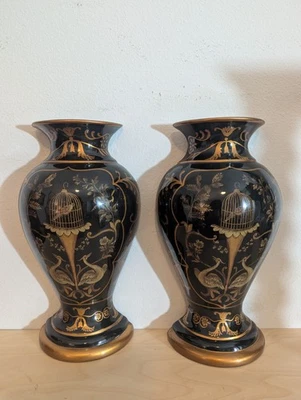 Lote 2 Vtg Pássaro de Esmalte Preto Dourado Prateleiras de Parede Cerâmica Pintadas à Mão - Imagem 1 de 4