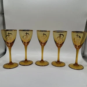 "Juego de 5 vasos cordiales vintage de mediados de siglo con detalles de oro ámbar de 5,25""" - Imagen 1 de 14
