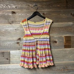 Free People Häkel Pullover Weste Damen klein bunt gestreift Boho Hippie Y2K - Bild 1 von 8
