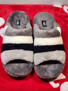 UGG Fluff Yeah Slide Slippers Women’s Size 9 Gray Black White Striped Shearling - Picture 1 of 11