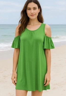 Vestido Trina Turk Mujer L Kelly Verde Lianet Hombro Frío Volantes Mono de Playa  Foto 1 de 4