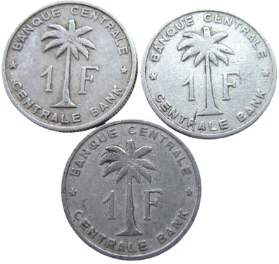 BELGIAN CONGO. LOT OF 3  ONE FRANC COINS. 1957, 1959, AND 1960. - Image 1 of 2