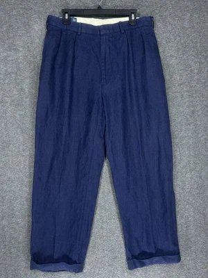 Vintage Polo Ralph Lauren Pants Mens 34x29 (tag 36x32) Blue Pleated Linen Cuffed - Image 1 of 4